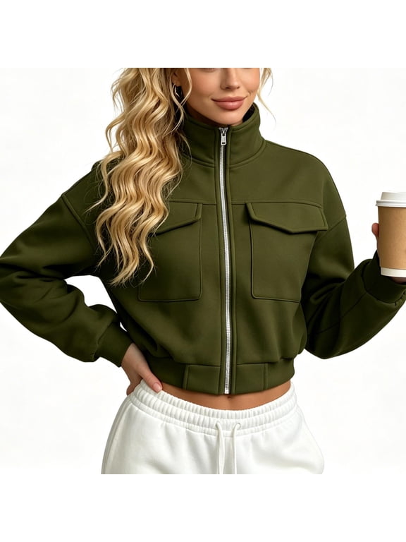 Womens Cropped Zip Up Bomber Jackets with Pockets- Long Sleeve Fall Stand Collar Loose Fit Casual Trendy Lightweight Coats Army Green Size S-2XL