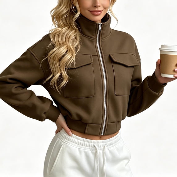 CBASIHI Womens Cropped Zip Up Bomber Jackets with Pockets- Fall Long Sleeve Stand Collar Loose Fit Casual Trendy Lightweight Coats Brown Size S