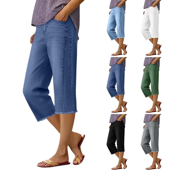 CBASIHI Womens Denim Capris with Pockets- Straight Leg Stretch Casual Trendy High Waist Summer Jean Pants Blue Size S-2XL