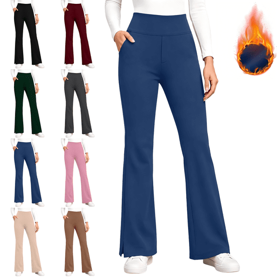 CBASIHI Womens Flare Leggings with Pockets Fleece Lined Workout Stretchy Elastic Waist Yoga Pants Blue L