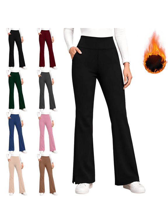 Womens Flare Leggings with Pockets Stretchy Elastic Waist Workout Fleece Lined Yoga Pants Black L