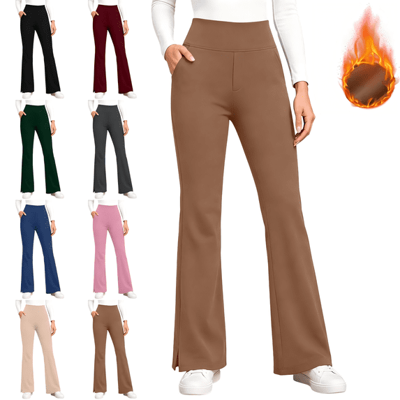 CBASIHI Womens Flare Leggings with Pockets Stretchy Elastic Waist Workout Fleece Lined Yoga Pants Khaki XL