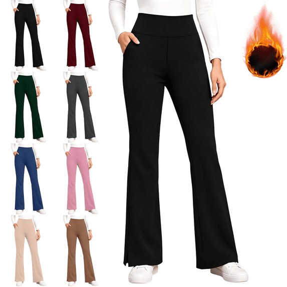 CBASIHI Womens Flare Leggings with Pockets Workout Elastic Waist Stretchy Fleece Lined Yoga Pants Black XL