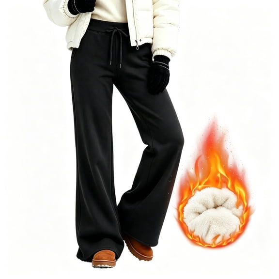 CBASIHI Womens Fleece Lined Sweatpants with Pockets Casual Winter Elastic Waist Drawstring Wide Leg Pants Black XL