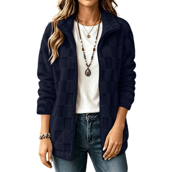 CBASIHI Womens Fleece Winter Coats Long Sleeve Stand Collar Zip Up Loose Fit Casual Fuzzy Jackets Navy S