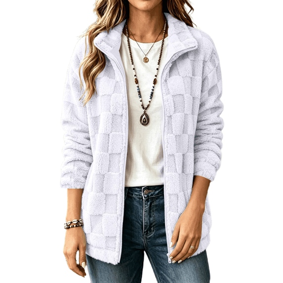 CBASIHI Womens Fleece Winter Coats Loose Fit Zip Up Casual Long Sleeve Stand Collar Fuzzy Jackets White L