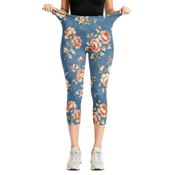 CBASIHI Womens Floral Denim Capri Leggings with Pockets- Tummy Control Workout Casual Elastic High Waisted Fitness Yoga Pants Peony Size 2XL