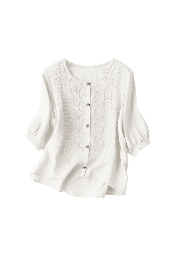 Womens Floral Embroidered Cotton Linen Tops- Flowy Puff Elbow Sleeve Crew Neck Loose Trendy Boho Buttom Down Shirts White Size 2XL