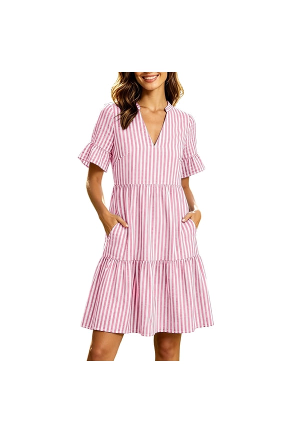 Womens Flutter Sleeve Striped Dresses with Pockets- Elastic Waist Summer Beach V Neck Flowy Casual Midi Tiered Ruffle Dresses Pink Size L