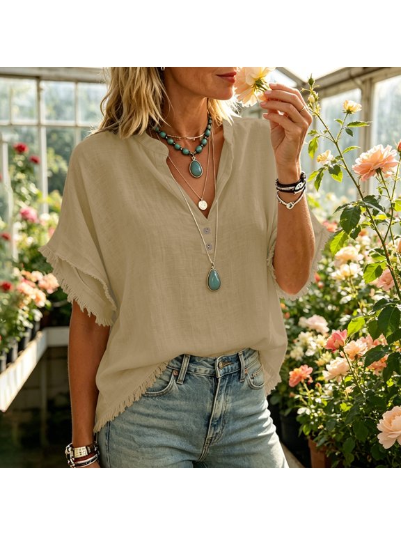 Womens Frayed Cotton Blouses- Casual Short Sleeve Lightweight Loose Fit V Neck Summer Beach Vacation Shirts Khaki Size 2XL