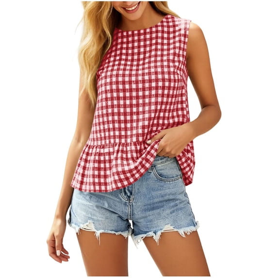 CBASIHI Womens Gingham Ruffle Hem Tank Tops- Summer Casual Trendy Crew Neck Relaxed Fit Sleeveless Ladies Shirts Red Size S-2XL