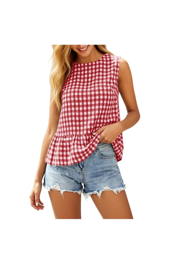 Womens Gingham Ruffle Hem Tank Tops- Summer Casual Trendy Crew Neck Relaxed Fit Sleeveless Ladies Shirts Red Size S-2XL