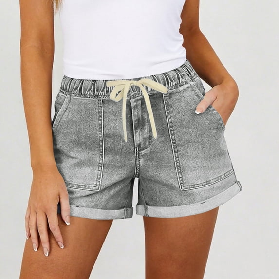 CBASIHI Womens High Waist Denim Shorts with Pockets- Baggy Rolled Cuff Hem Fashion Adjustable Drawstring Summer Casual Jean Shorts Gray Size L