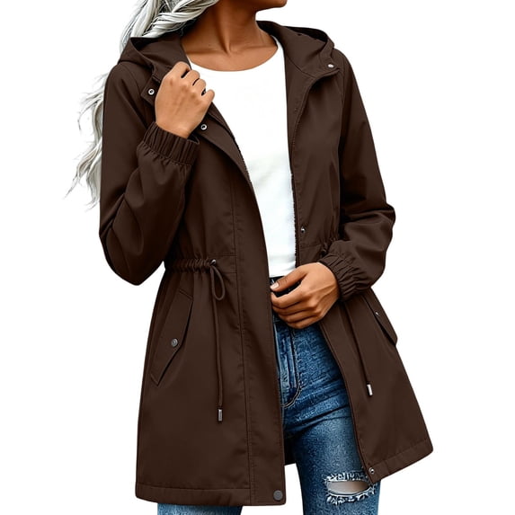 CBASIHI Womens Hooded Windbreaker Long Jackets- Hiking Casual Fall Waterproof Long Sleeve Drawstring Waist Lightweight Travel Outdoor Coats Brown Size M