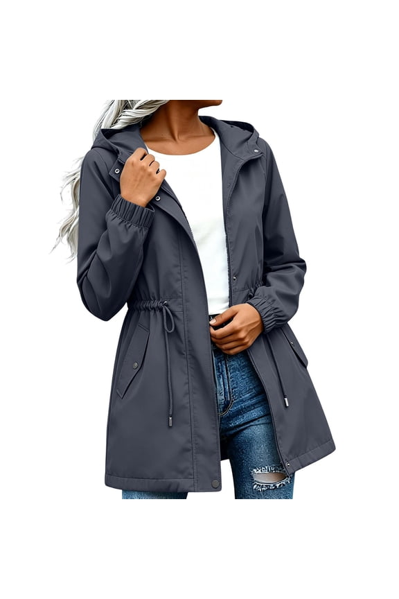 Womens Hooded Windbreaker Long Jackets- Long Sleeve Casual Fall Lightweight Waterproof Drawstring Waist Hiking Travel Outdoor Coats Dark Gray Size S-2XL
