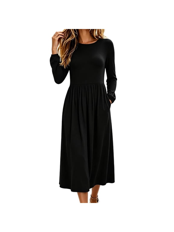 Womens Long Sleeve Midi Dresses with Pockets Fall Winter Gathered Waist Crew Neck Casual Swing A Line Dresses with Pockets Black XL