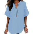 thumbnail image 1 of CBASIHI Womens Oversized Short Sleeve Tops- Casual Summer Vintage V Neck Basic T Shirts Light Blue Size L, 1 of 9