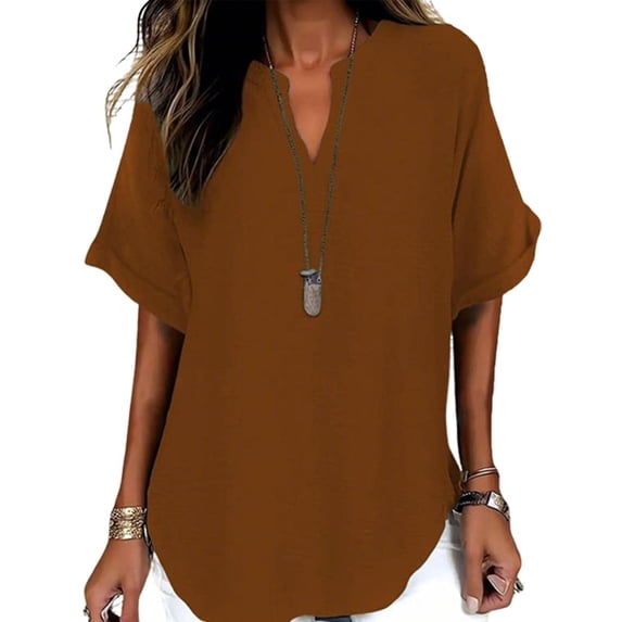 CBASIHI Womens Oversized Short Sleeve Tops- Summer V Neck Casual Vintage Basic T Shirts Coffee Size XL
