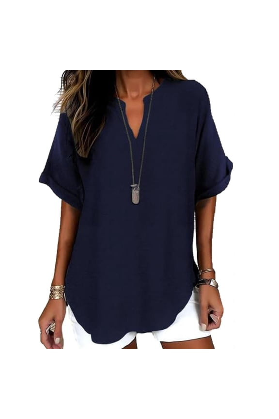Womens Oversized Short Sleeve Tops- Vintage V Neck Summer Casual Basic T Shirts Dark Blue Size XL