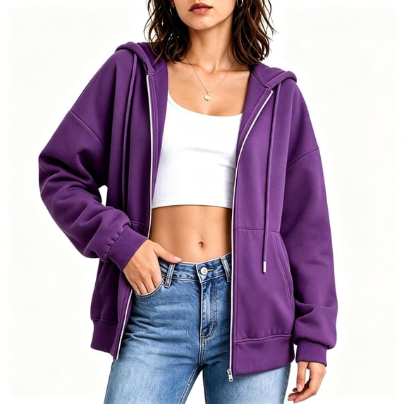 CBASIHI Womens Oversized Sweatshirts with Pockets- Casual Trendy Long Sleeve Fall Drawstring Drop Shoulder Zip Up Hoodies Purple Size 2XL