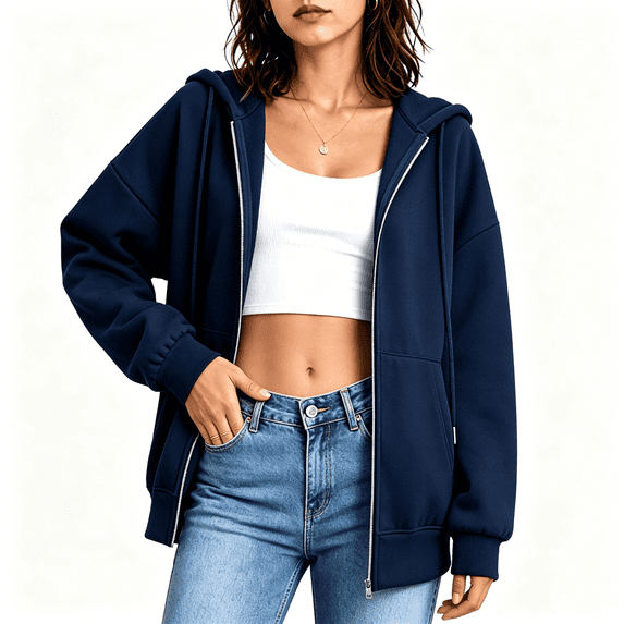 CBASIHI Womens Oversized Sweatshirts with Pockets- Drop Shoulder Drawstring Casual Trendy Long Sleeve Fall Zip Up Hoodies Navy Size M