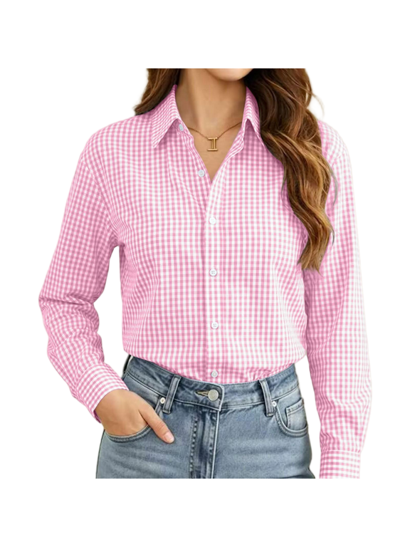 Womens Plaid Button Down Shirts- Collared French Style Lightweight Casual Trendy Loose Fit Tops Pink Size L