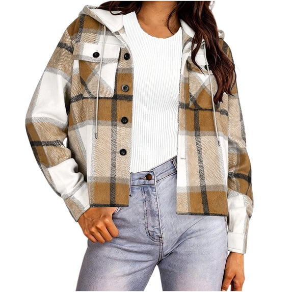 CBASIHI Womens Plaid Oversized Hooded Jacket with Pockets- Fall Long Sleeve Fashion Casual Button Down Sweatshirts Khaki Size M