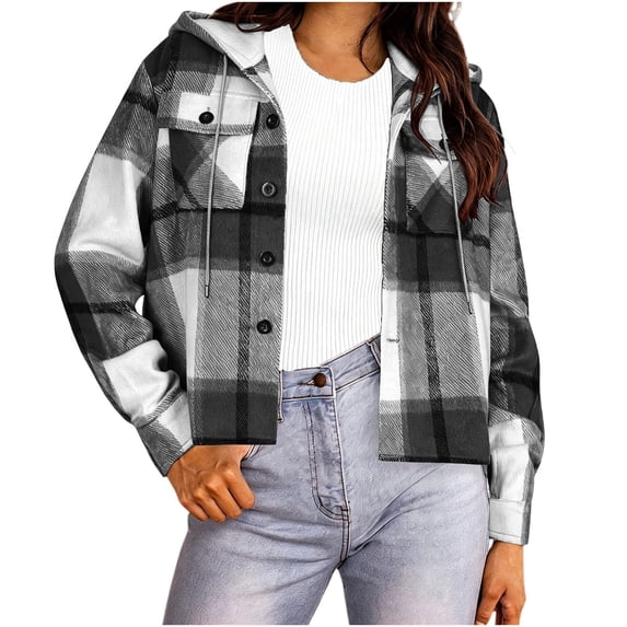 CBASIHI Womens Plaid Oversized Hooded Jacket with Pockets- Long Sleeve Fashion Casual Fall Button Down Sweatshirts Black Size XL