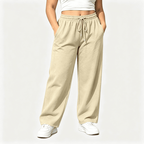 CBASIHI Womens Plus Size Baggy Sweatpants with Pockets- Elastic Waist Drawstring Wide Leg Stretchy Yoga Workout Casual Lounge Pants Beige Size XL