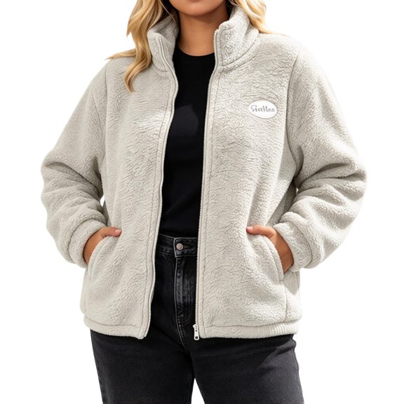 CBASIHI Womens Plus Size Fleece Jacket with Pockets Casual Fall Winter Zip Up Stand Collar Long Sleeve Sherpa Coat White XL