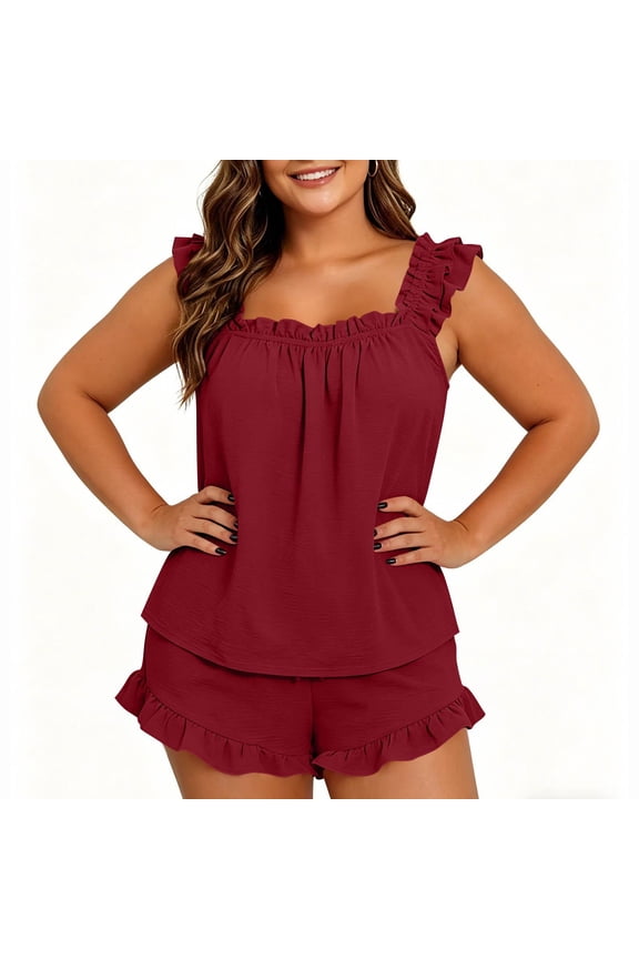 Womens Plus Size Pajama Sets with Ruffle- Summer Sleeveless Elastic Drawstring​ Waist Shorts Loose Fit Crew Neck Tank Top Soft Sleepwears with Pockets Wine Size 2XL