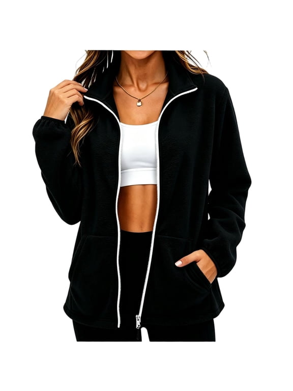 Womens Polar Fleece Jackets with Pockets- Casual Loose Fit Long Sleeve Stand Collar Fall Lightweight Zip Up Coats Black Size XL