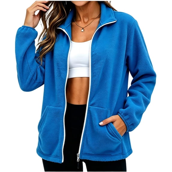 CBASIHI Womens Polar Fleece Jackets with Pockets- Fall Long Sleeve Stand Collar Lightweight Casual Loose Fit Zip Up Coats Blue Size L