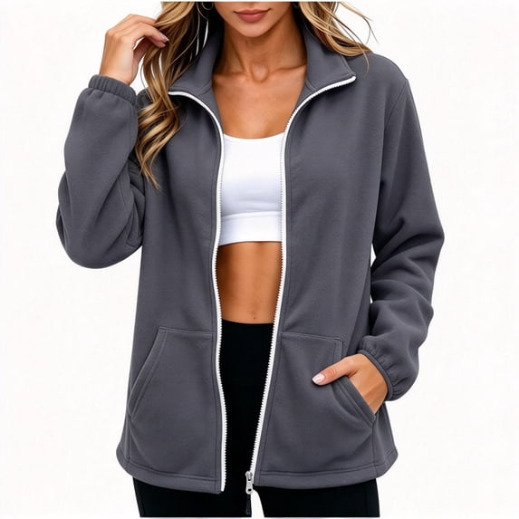 CBASIHI Womens Polar Fleece Jackets with Pockets Lightweight Fall Casual Long Sleeve Zip Up Coats Gray S