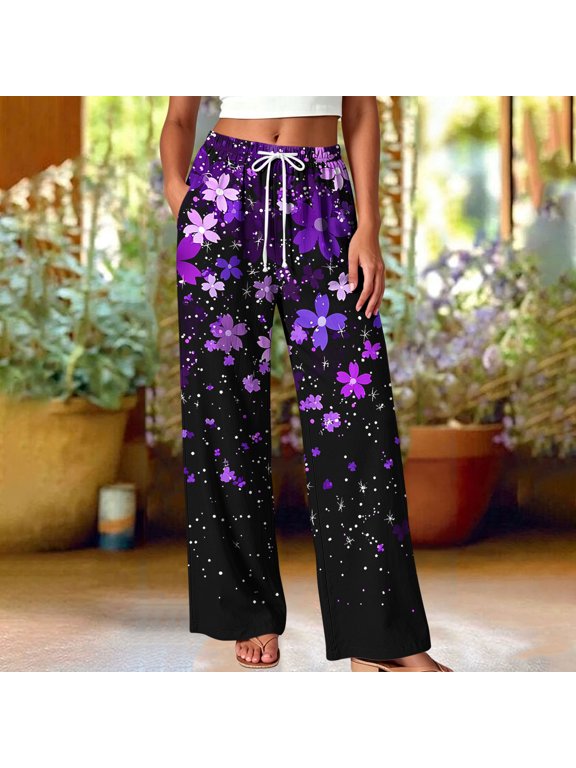 Womens Printed Wide Leg Pants with Pockets- Casual Beach Drawstring Elastic Waist Full Length Summer Flowy Lounge Pants Purple Size L