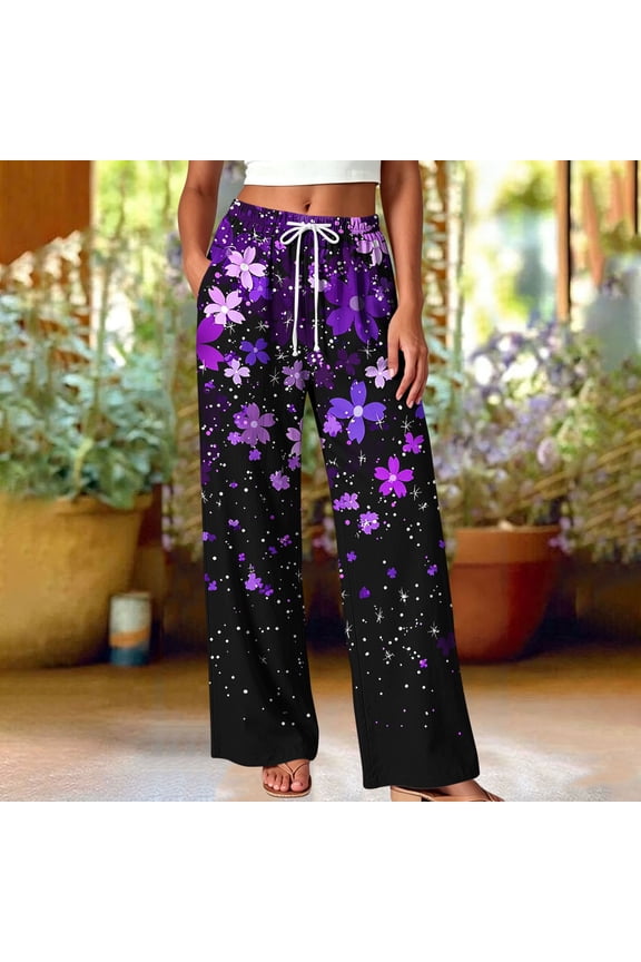 Womens Printed Wide Leg Pants with Pockets- Casual Beach Summer Drawstring Elastic Waist Full Length Flowy Lounge Pants Purple Size 3XL