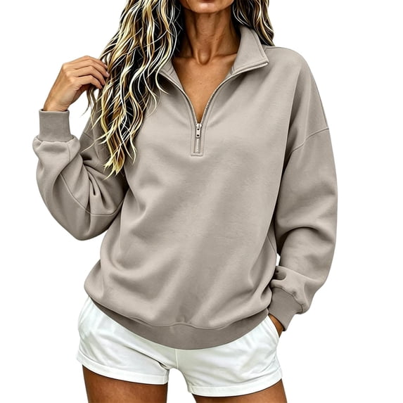 CBASIHI Womens Quarter Zip Fleece Sweatshirts Fall Winter Loose Fit Long Sleeve Stand Collar Casual Pullover Tops Beige L