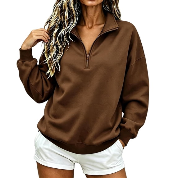 CBASIHI Womens Quarter Zip Fleece Sweatshirts Loose Fit Fall Winter Casual Long Sleeve Stand Collar Pullover Tops Brown M