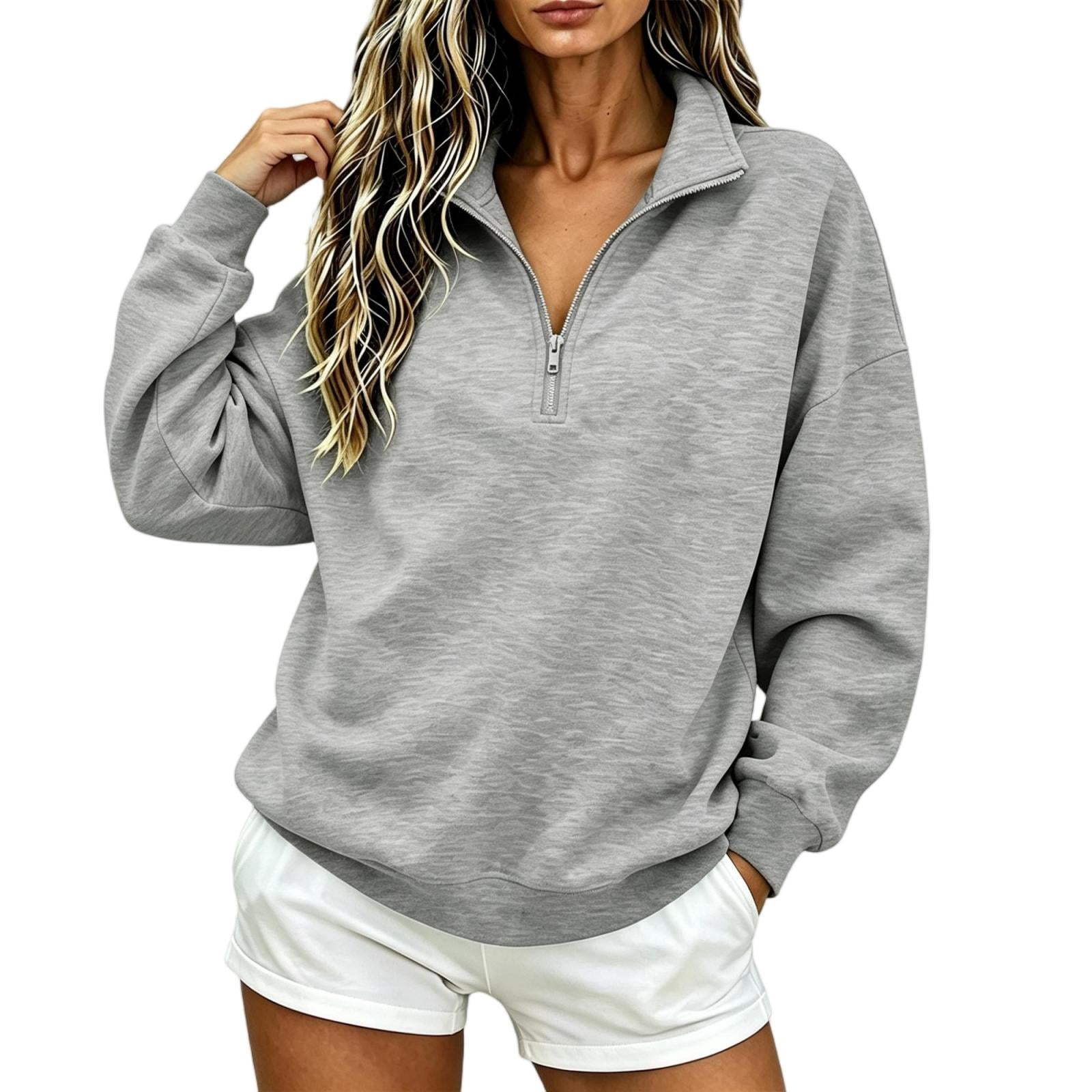 CBASIHI Womens Quarter Zip Fleece Sweatshirts Loose Fit Fall Winter Casual Long Sleeve Stand Collar Pullover Tops Gray S-2XL