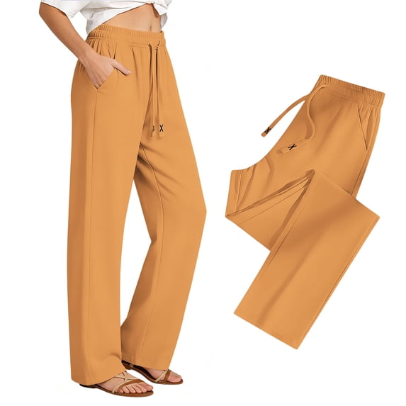 CBASIHI Womens Quick Dry Athletic Pants with Pockets- Summer Elastic Drawstring Waist Casual High Waisted Long Pants Yellow Size S