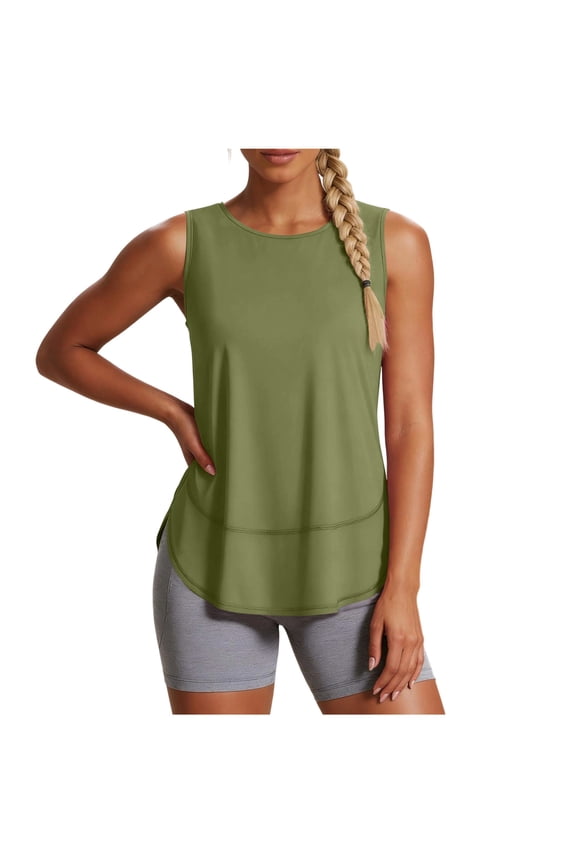 Womens Quick Dry Workout Tank Tops- Loose Fit Crew Neck Racer Back Breathable Gym Yoga Athletic Sleeveless Shirts Army Green Size M
