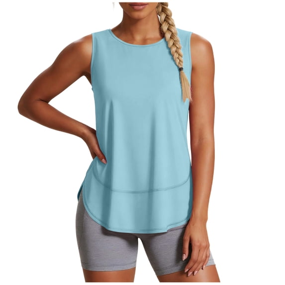 CBASIHI Womens Quick Dry Workout Tank Tops- Racer Back Loose Fit Breathable Crew Neck Gym Yoga Athletic Sleeveless Shirts Light Blue Size M