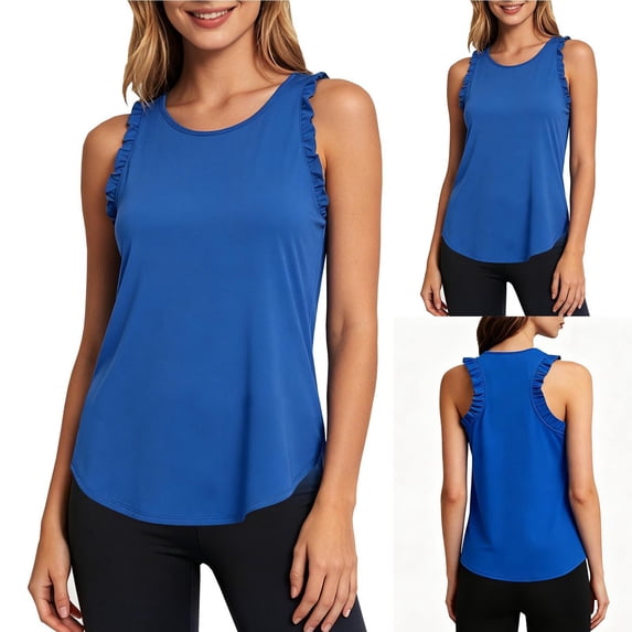 CBASIHI Womens Racerback Tank Tops with Ruffles- Quick Dry Workout Yoga Lightweight Casual Crew Neck Sleeveless Athletic Tops Blue Size XL