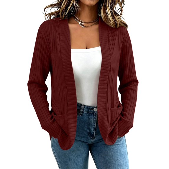 CBASIHI Womens Ribbed Cardigans with Pockets- Long Sleeve Lightweight Casual Fall Open Front Sweater Wine Size XL