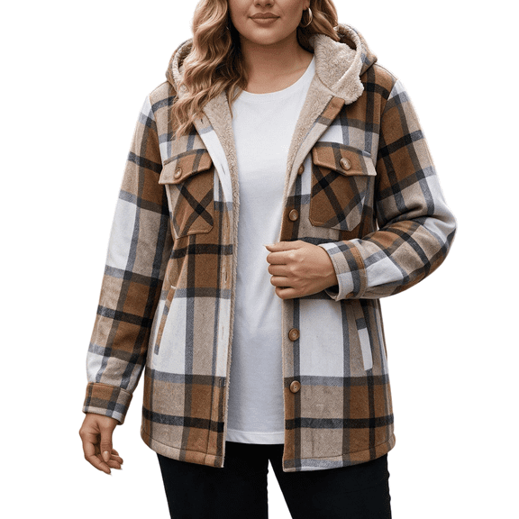 CBASIHI Womens Sherpa Lined Plaid Shacket Jacket Button Down Long Sleeve Casual Hooded Winter Outerwear XL