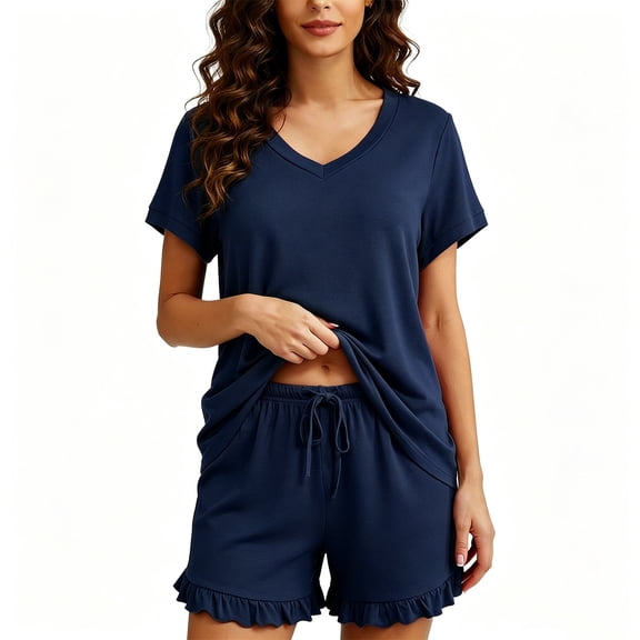 CBASIHI Womens Short Sleeve Pajama Sets- V Neck Top Relaxed Fit Drawstring Waist Shorts with Ruffle Hem​ Summer Soft Sleepwears with Pockets Navy Size S-2XL