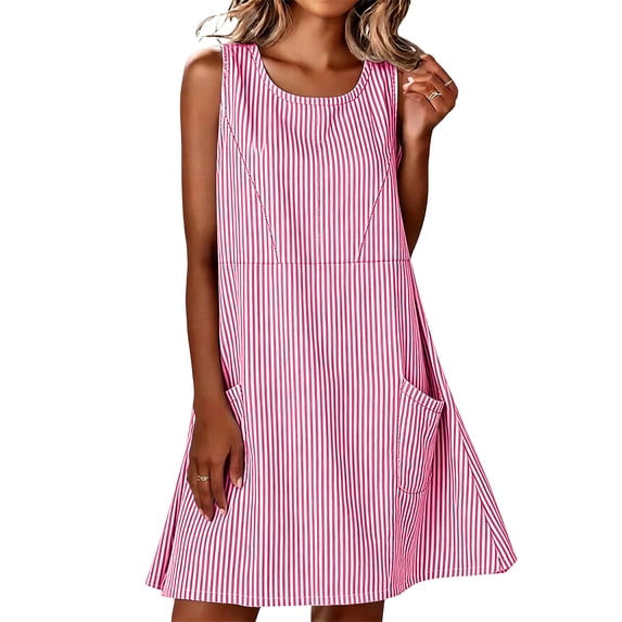 CBASIHI Womens Sleeveless Gingham Dresses with Pockets- Casual Beach Vacation Summer Loose Fit Crew Neck A Line Sundresses Hot Pink Size XL