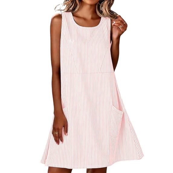 CBASIHI Womens Sleeveless Gingham Dresses with Pockets- Loose Fit Summer Beach Vacation Casual Crew Neck A Line Sundresses Pink Size M