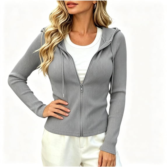 CBASIHI Womens Slim Fit Zip Up Sweaters- Ribbed Knit Fall Long Sleeve Stretchy Hooded Casual Trendy Lightweight Cardigans Gray Size L