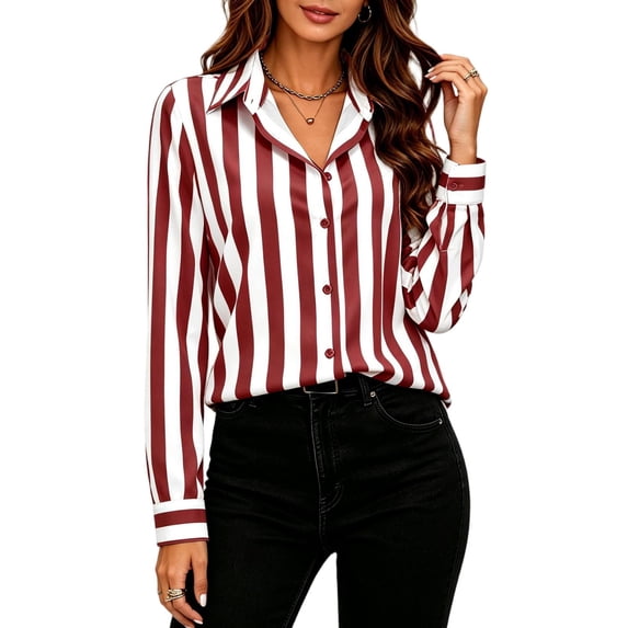 CBASIHI Womens Striped Button Down Shirts- Casual Trendy Collared Loose Fit Long Sleeve Fall Tops Red Size S